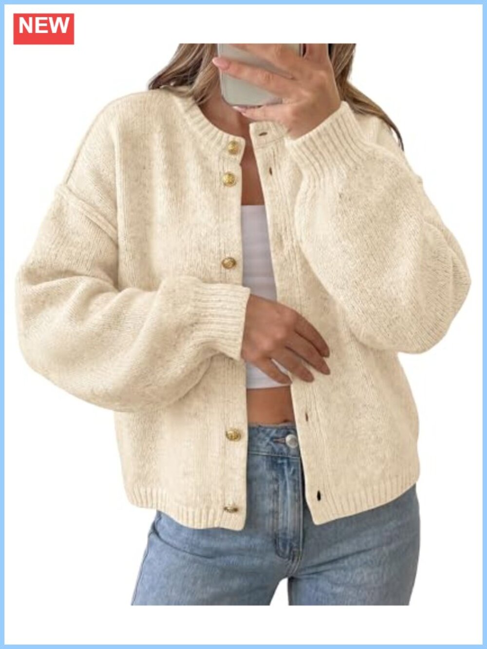 Oversized Chunky Knit Cardigan Sweater Button Up Lantern Sleeve